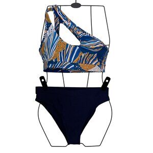 one shoulder bikini set high waisted blue print Medium swimsuit